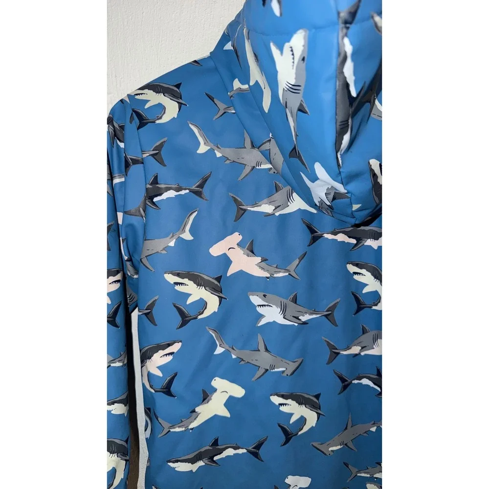 Hatley Boys Blue Shark Print Hooded Rain Jacket Stripe Terry Lined Size 7